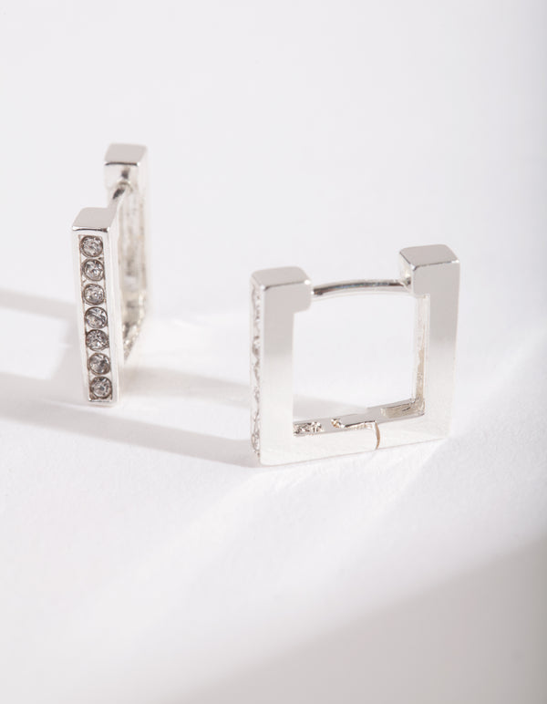 Silver Square Diamante Huggie