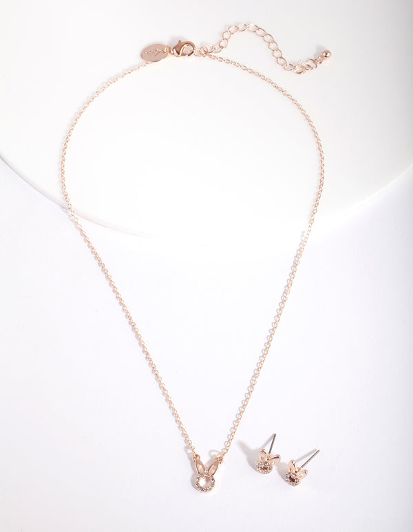 Easter Rose Gold Diamante Circle Bunny Necklace & Earring Set