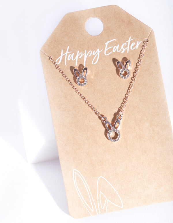 Easter Rose Gold Diamante Circle Bunny Necklace & Earring Set