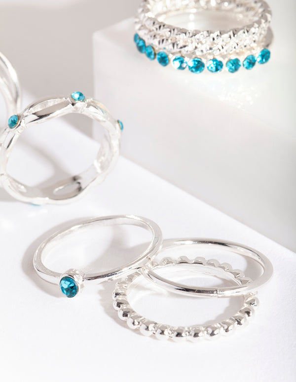 Silver Blue Diamante Ring 8-Pack