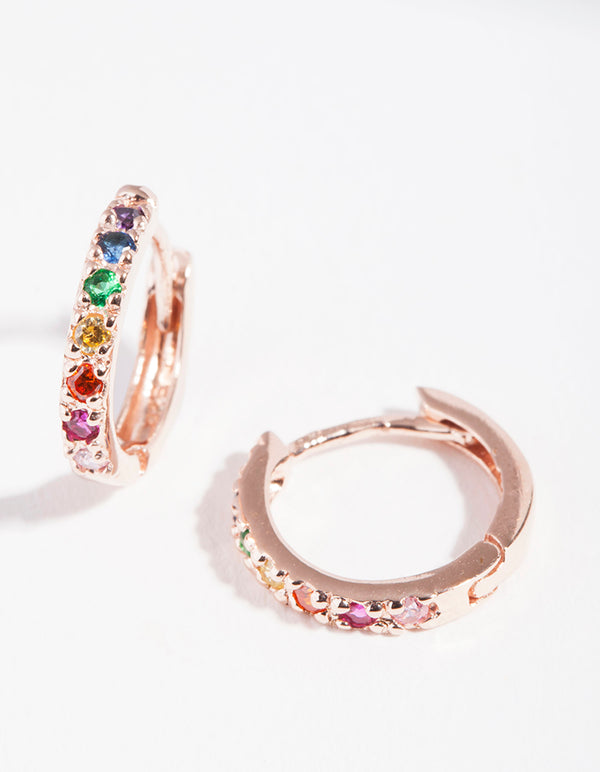 Rose Gold Plated Sterling Silver Rainbow Diamante Huggie Earrings