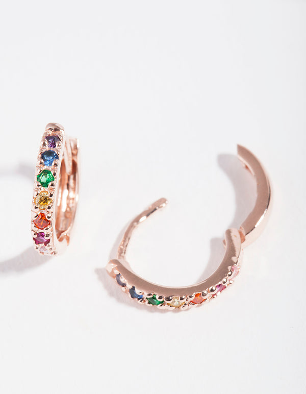 Rose Gold Plated Sterling Silver Rainbow Diamante Huggie Earrings