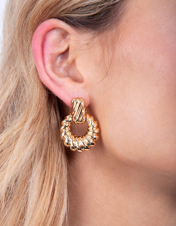 Gold Plated Twist Circle Doorknocker Earrings