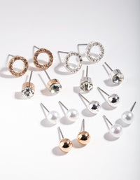 Mixed Metal Circle Pearl Diamante Earring 8-Pack - link has visual effect only