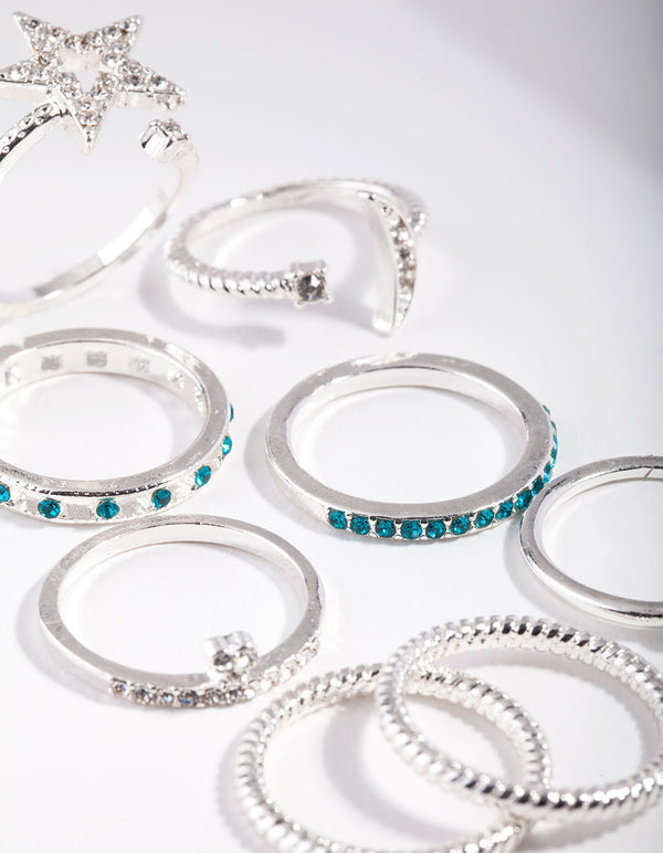 Silver Blue Shooting Star Ring 8-Pack