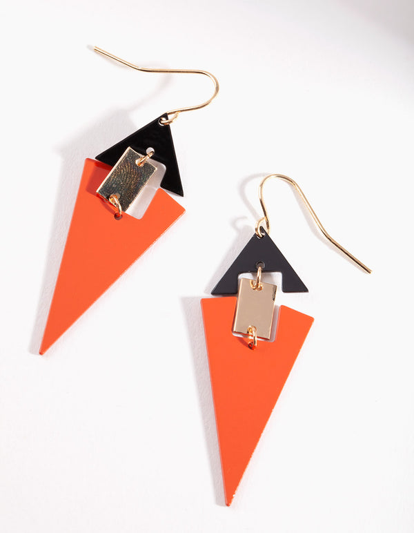 Gold Orange Triangle Geo Drop Earrings