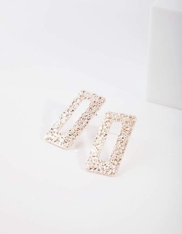 Rose Gold Crater Rectangle Stud Earrings