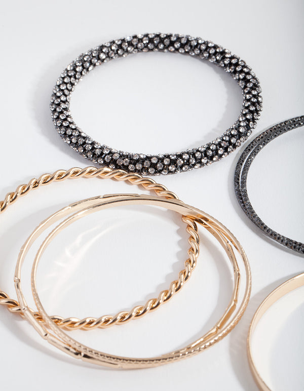 Black & Gold Diamante Bangle 7-Pack
