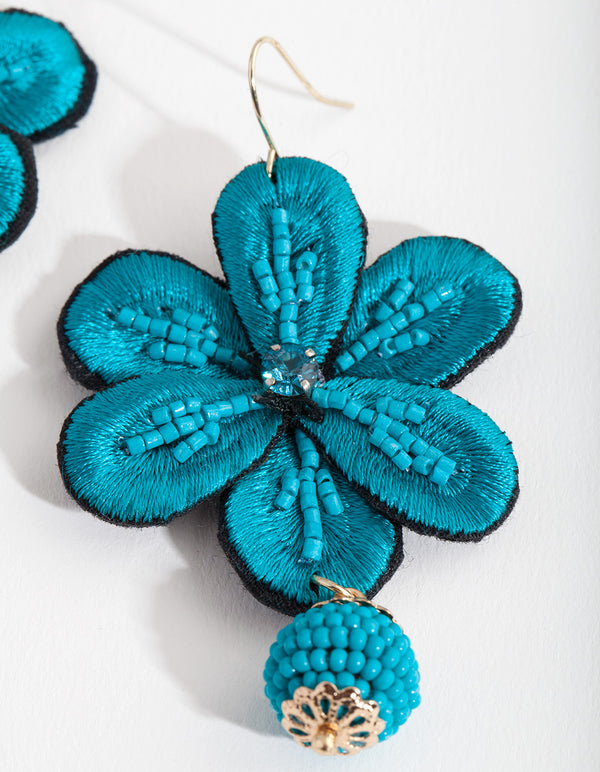 Blue Floral Beaded Earrings
