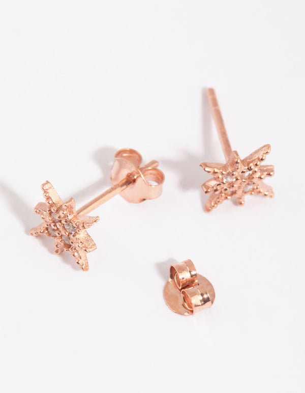 Rose Gold Plated Sterling Silver Diamante Starburst Stud Earrings