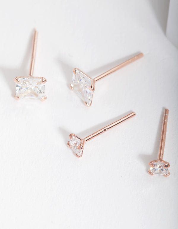 Rose Gold Plated Sterling Silver Cubic Zirconia Stud Earring Pack