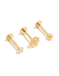 Gold Surgical Steel Cubic Zirconia Sun Flat Back Earring Pack - link has visual effect only