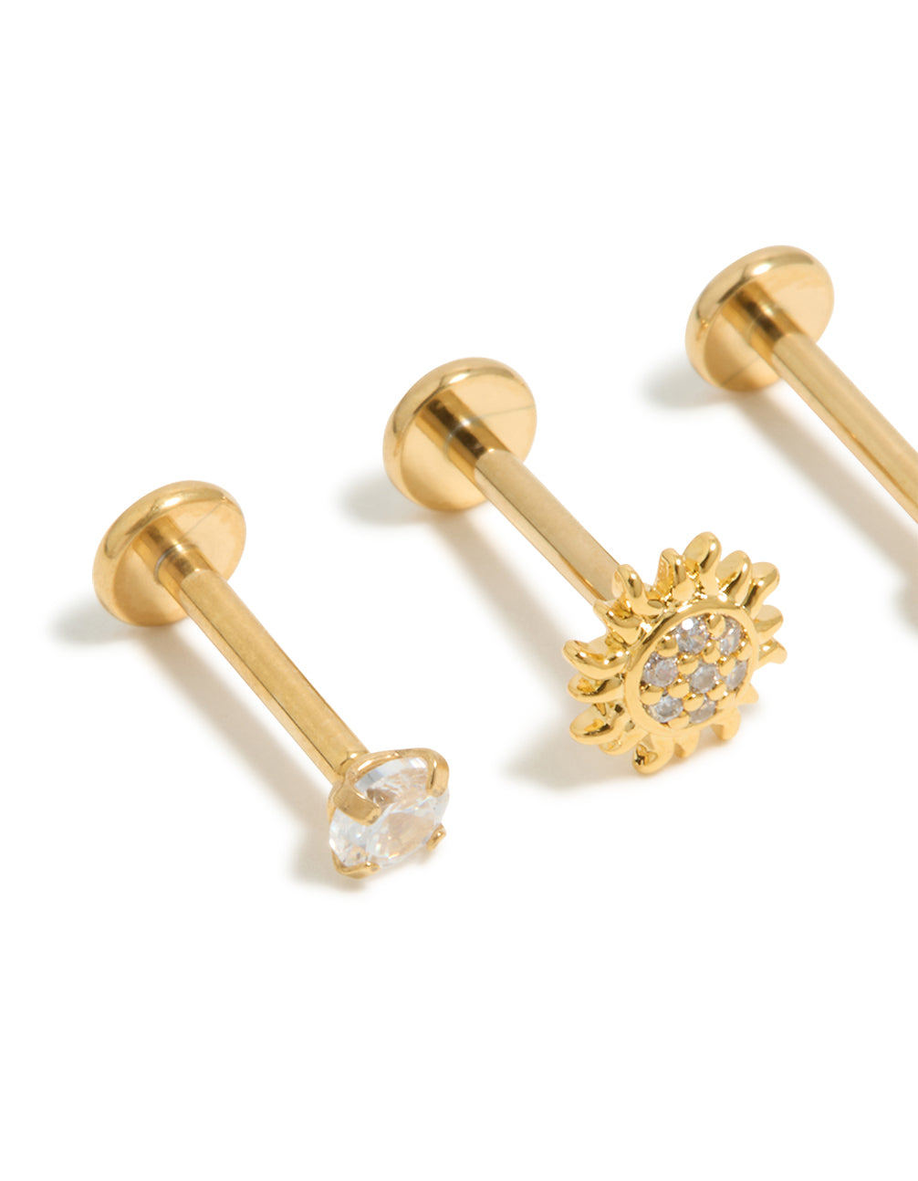 Gold Surgical Steel Cubic Zirconia Sun Flat Back Earring Pack