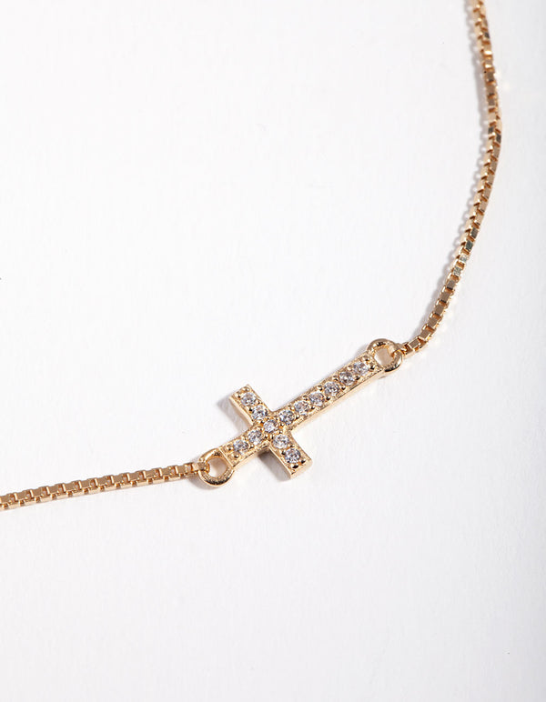 Gold Plated Sterling Silver Cubic Zirconia Cross Toggle Bracelet