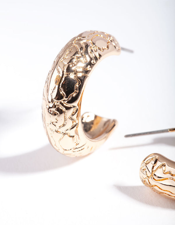 Gold Mini Etched Chunky Hoop Earrings