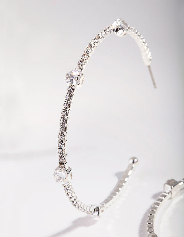 Silver 60mm Stone & Diamante Hoop Earrings