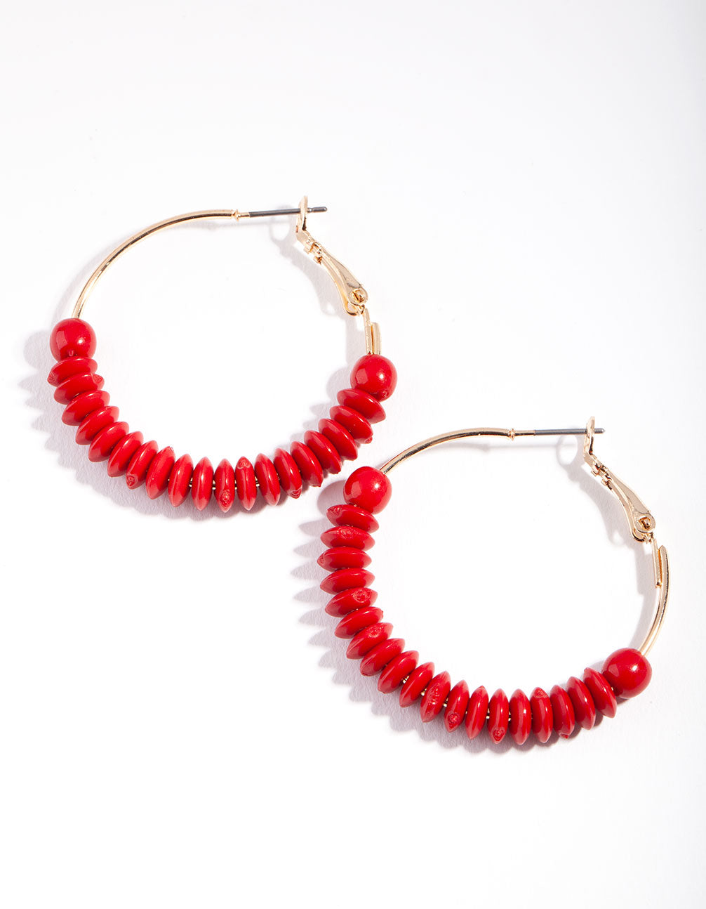 Gold Red Flat Bead Hoop Earrings