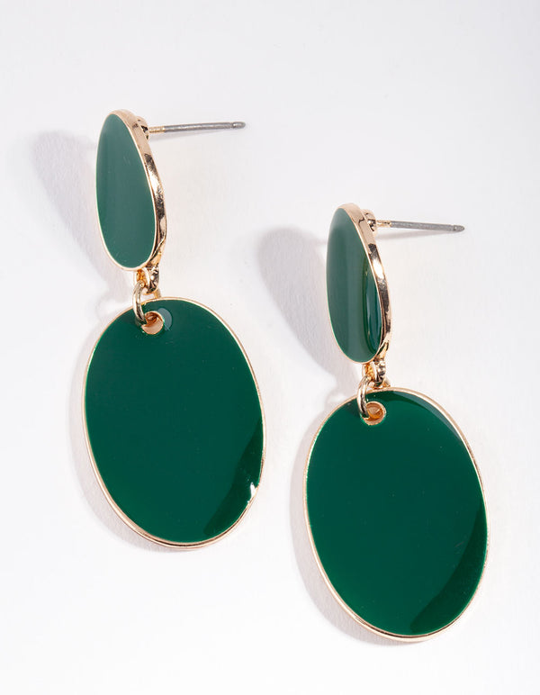Gold Green Disc Drop Earrings