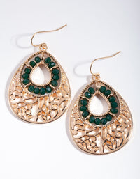 Gold Green Facet Filigree Teardrop Earrings - link has visual effect only