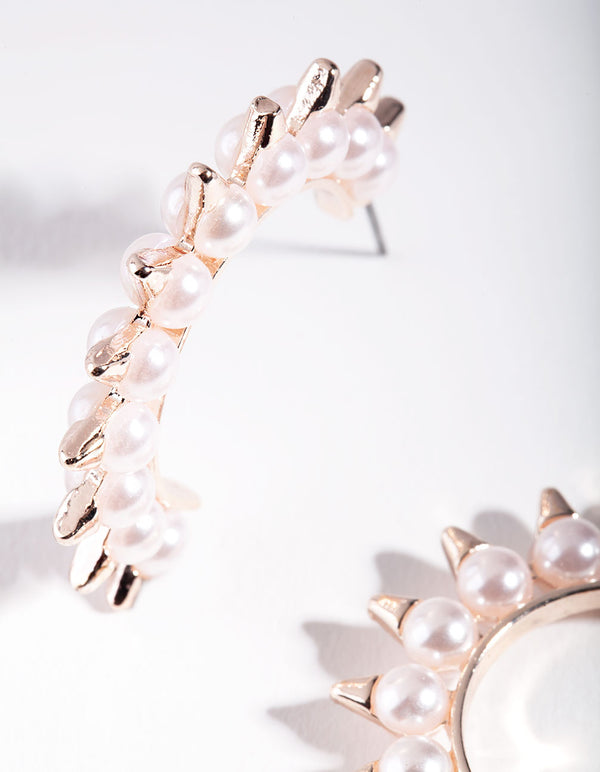 Rose Gold Pearl Spike Hoop Earrings