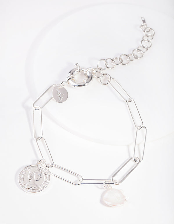 Real Silver Plated Freshwater Pearl Charm Bracelet