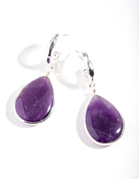 Silver Deep Amethyst Stone Teardrop Hoop Earrings - link has visual effect only