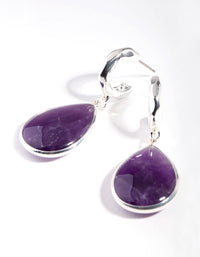Silver Deep Amethyst Stone Teardrop Hoop Earrings - link has visual effect only