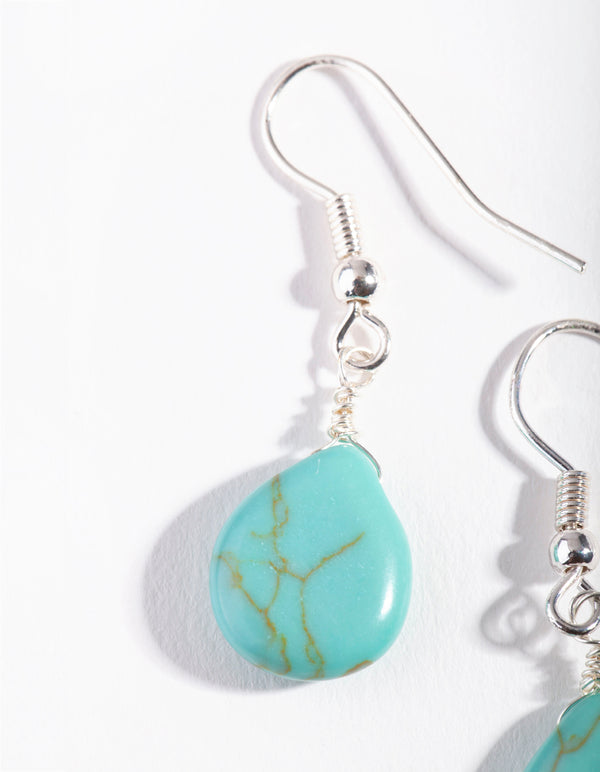 Silver Green Turquoise Teardrop Earrings