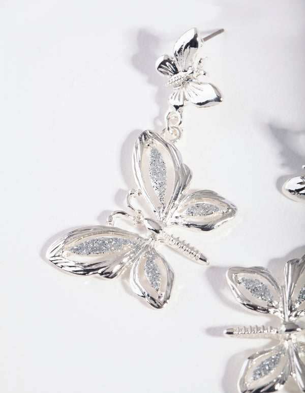 Silver Glitter Butterfly Drop Earrings