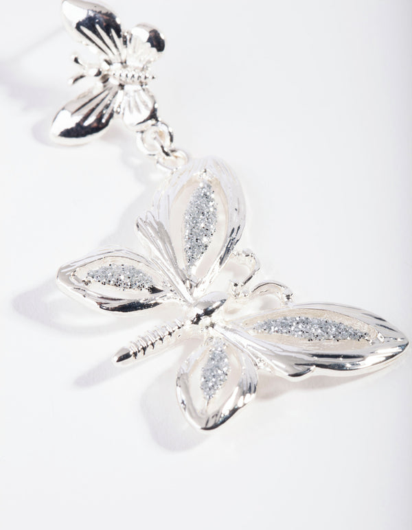 Silver Glitter Butterfly Drop Earrings