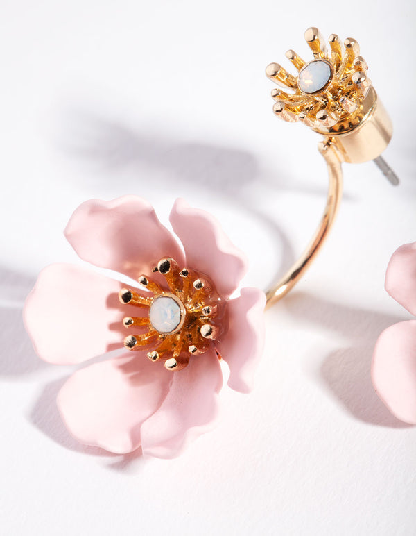 Rose Gold Pink Flower Jacket Earrings