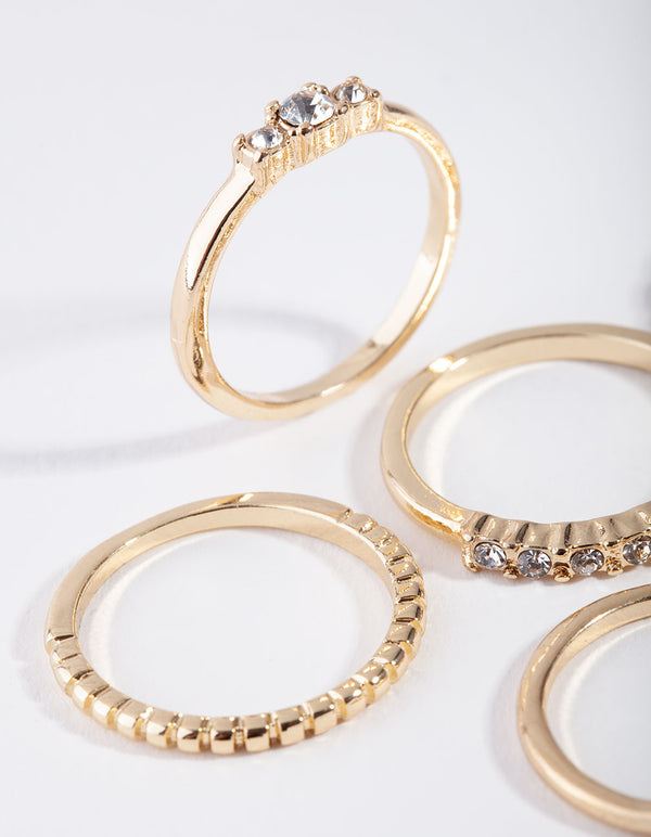 Gold Diamante & Chain Ring 5-Pack