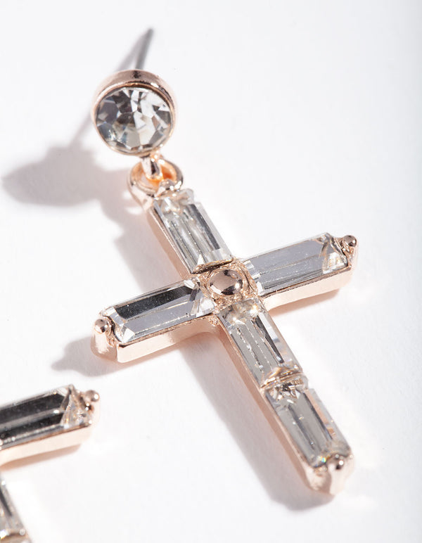 Rose Gold Crystal Diamante Cross Drop Earrings