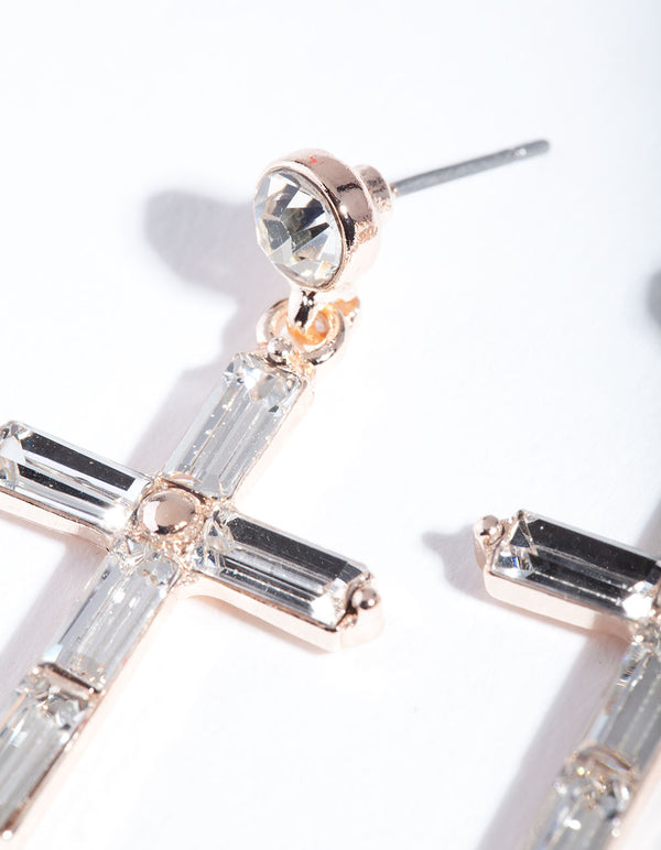 Rose Gold Crystal Diamante Cross Drop Earrings
