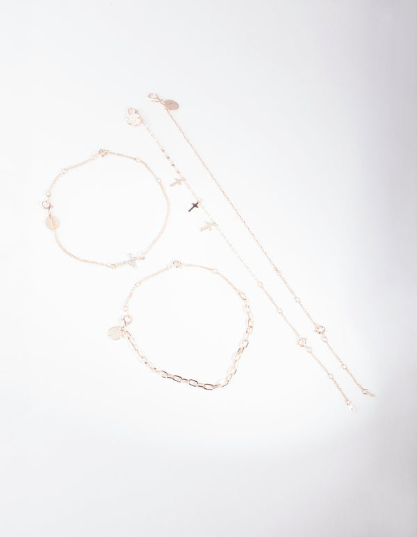 Rose Gold Chain & Cross Bracelet & Anklet 4-Pack Set