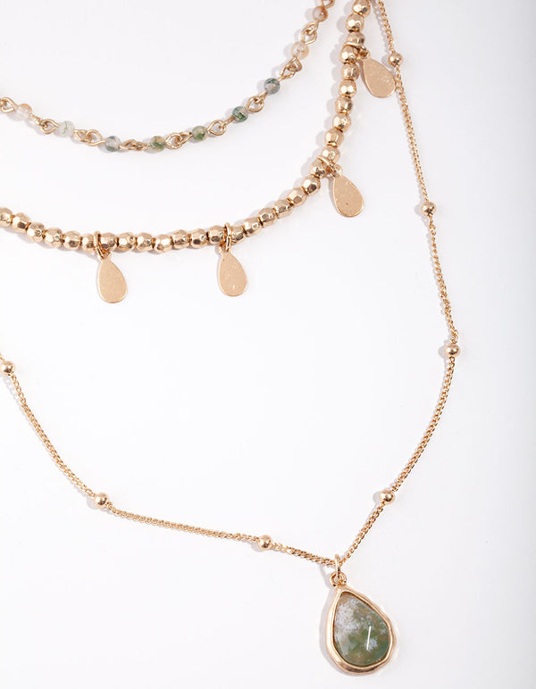 Gold Green Stone Mix Bead 3 Layer Necklace