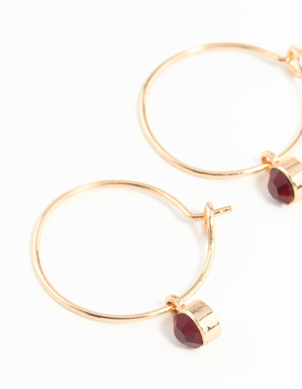 Gold Red Stone Fine Hoop Earrings