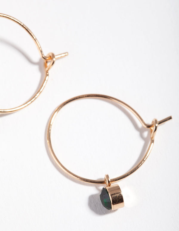 Gold Green Stone Fine Hoop Earrings