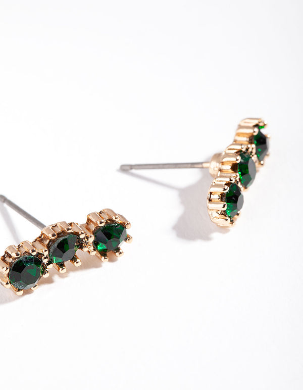 Gold Triple Green Stone Stud Earrings