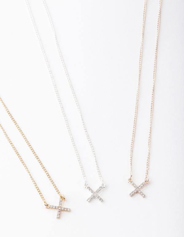 Mixed Metal Diamante Cross Necklace Pack