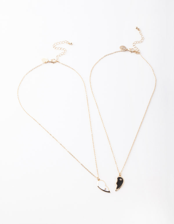 Gold Black & White Half Heart Yin & Yang Necklace Pack