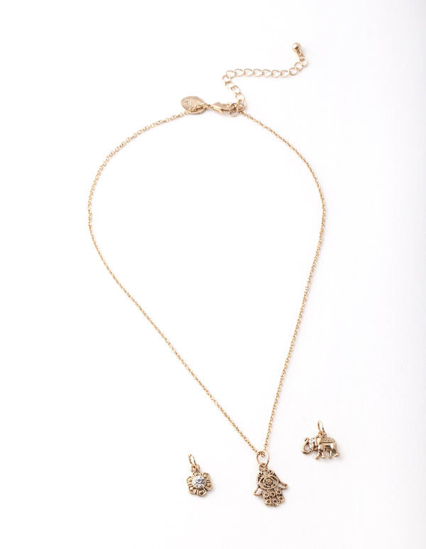 Gold Hand & Elephant Charm Necklace