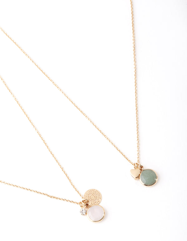 Gold Green & Pink Stone Charm Necklace Pack
