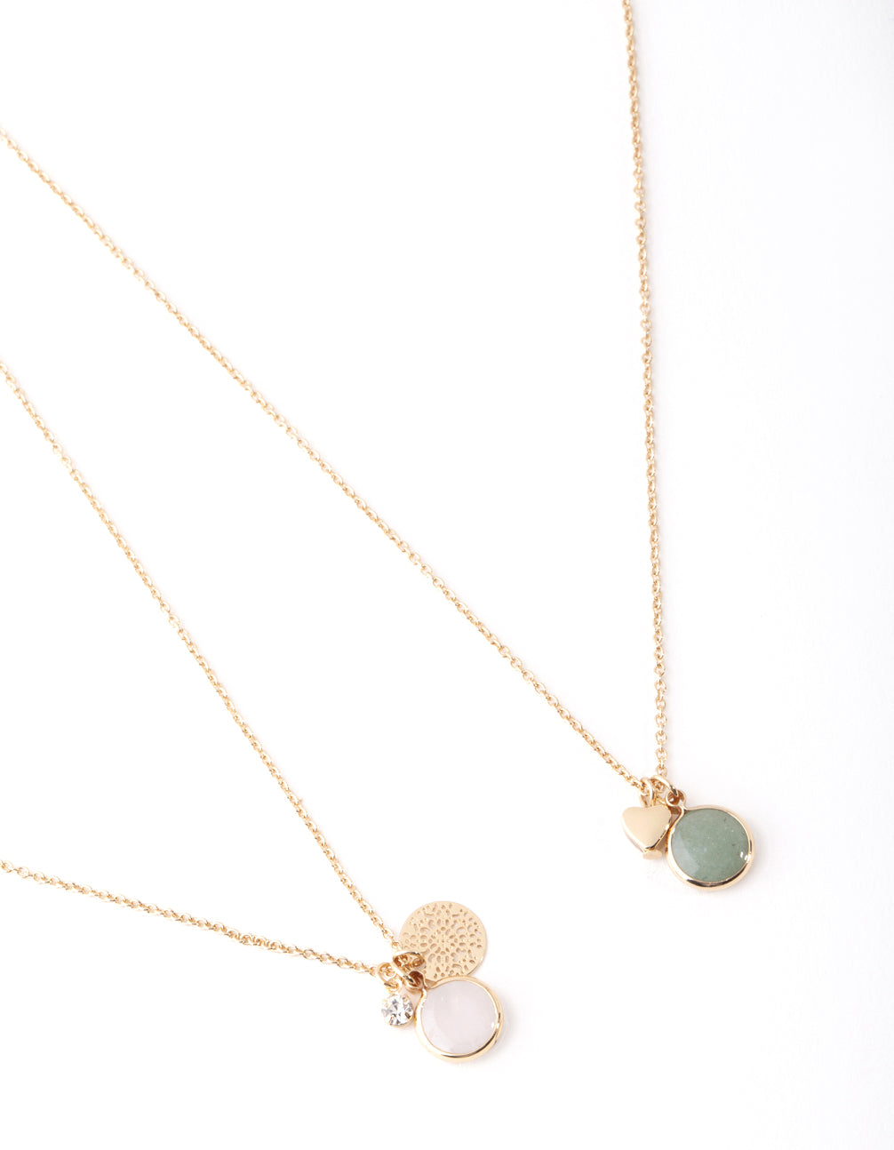 Gold Green & Pink Stone Charm Necklace Pack