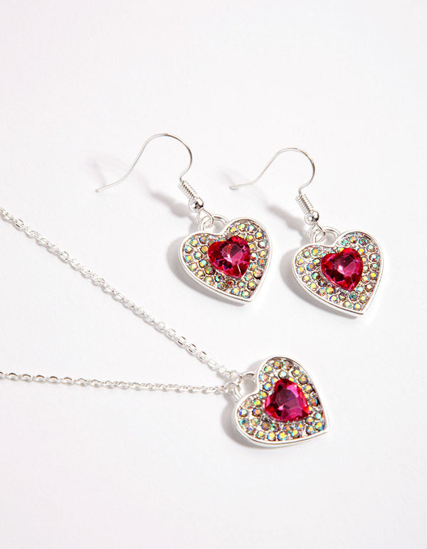 Heart Red Diamante Earring & Necklace Set