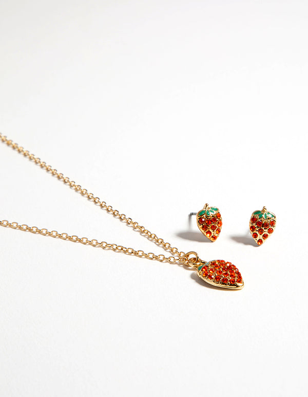 Gold Diamante Strawberry Necklace & Earrings Set