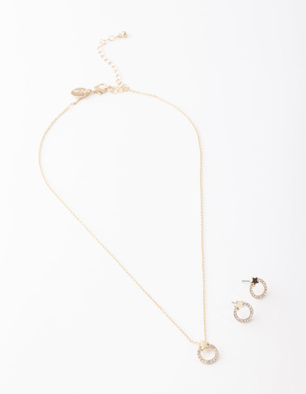 Gold Open Circle Diamante Necklace & Earrings Set