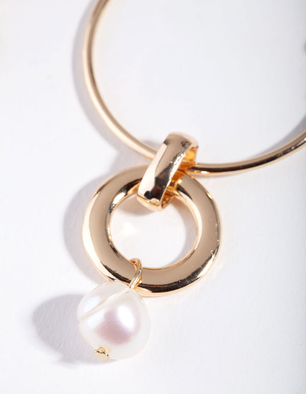 Gold Freshwater Pearl Link Drop Hoop Earrings