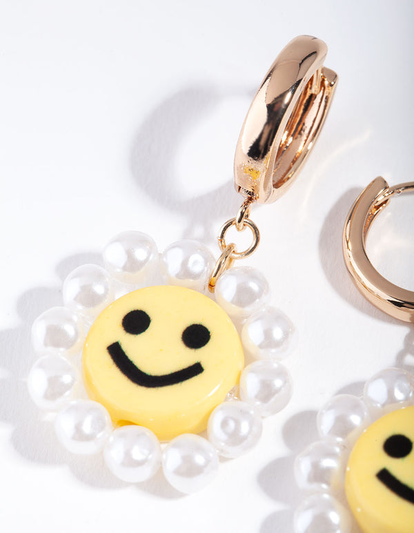 Gold Smiley Pearl Drop Earrings