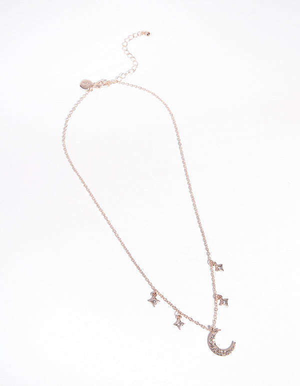 Rose Gold Star & Moon Diamante Necklace